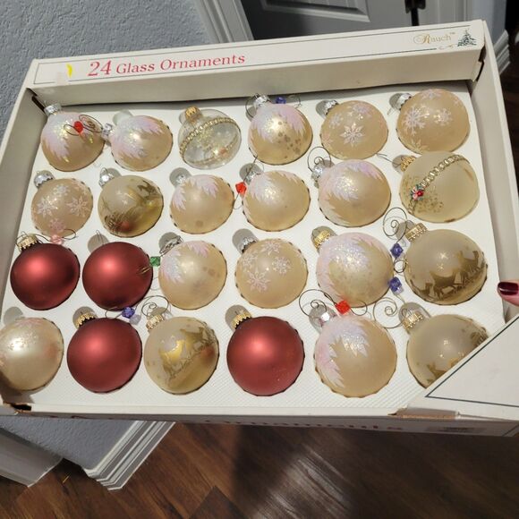 Glass Christmas Ornaments VINTAGE Lot 24 pcs boxed Rauch Ind. Frosted Kitschy - Picture 1 of 12